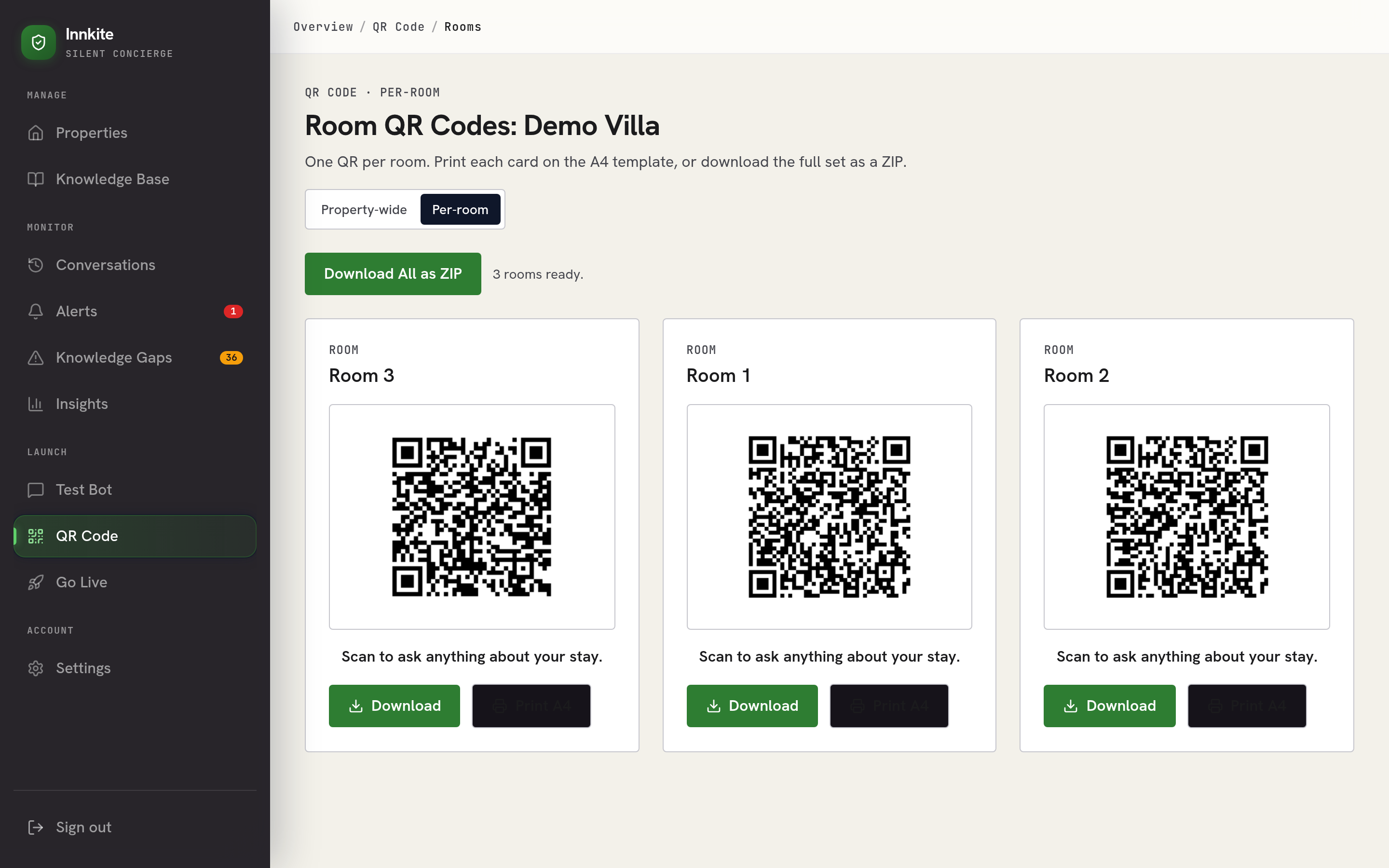 QR code generation screen listing rooms with printable codes per room