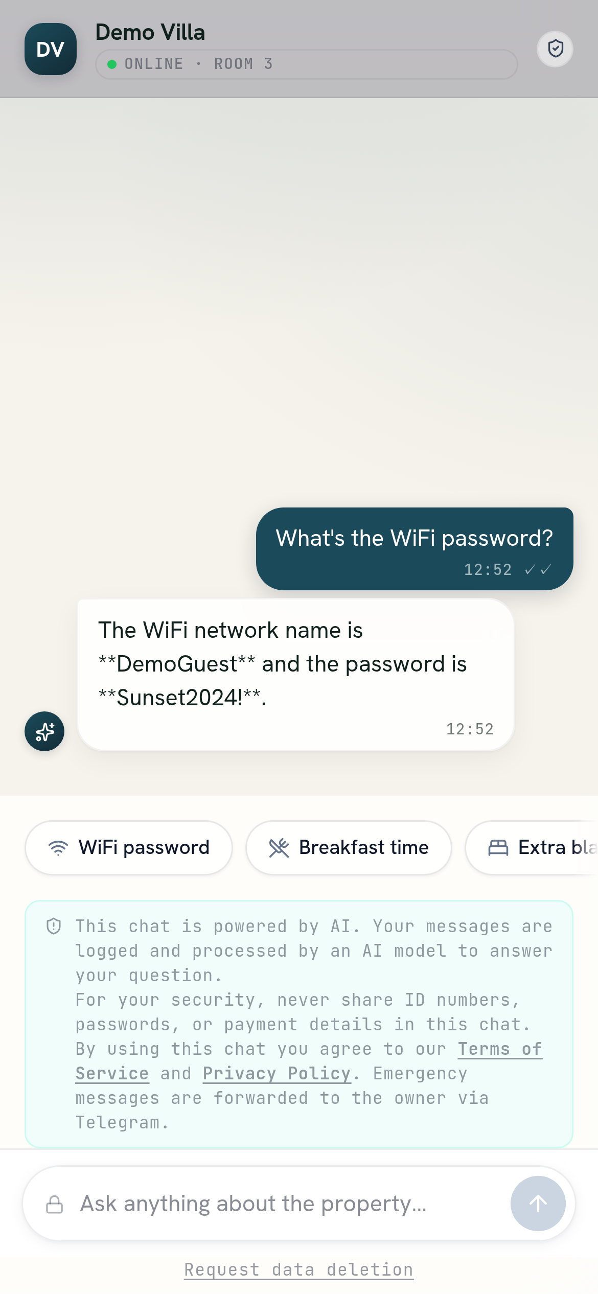 Guest chat screen showing a WiFi password question and an instant answer