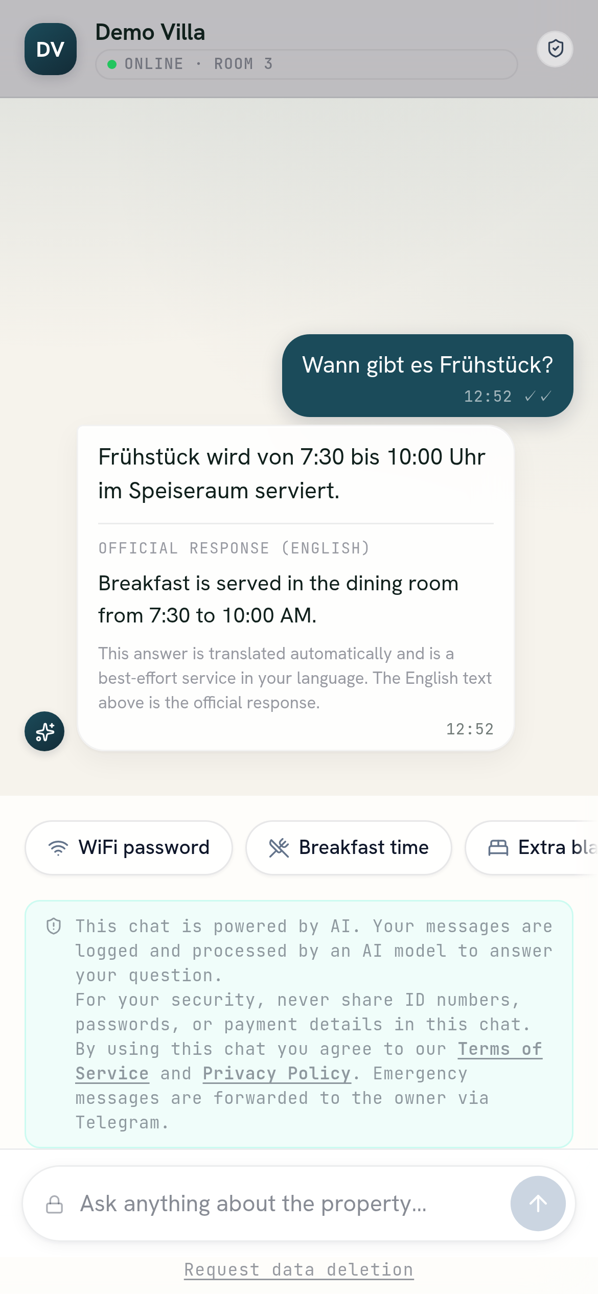 Guest chat screen showing a German question answered in German